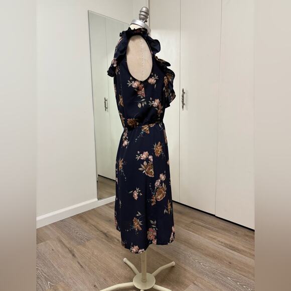 Oscar-ST Woman's Floral Ruffle Navy Button Down Sleeveless Mini Dress Small - Picture 2 of 5